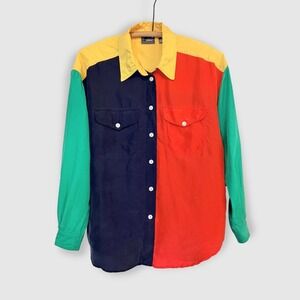 VTG Vintage Lizwear Liz Claiborne Silk Colorblock Shirt‎ Petite S Y2K 90s